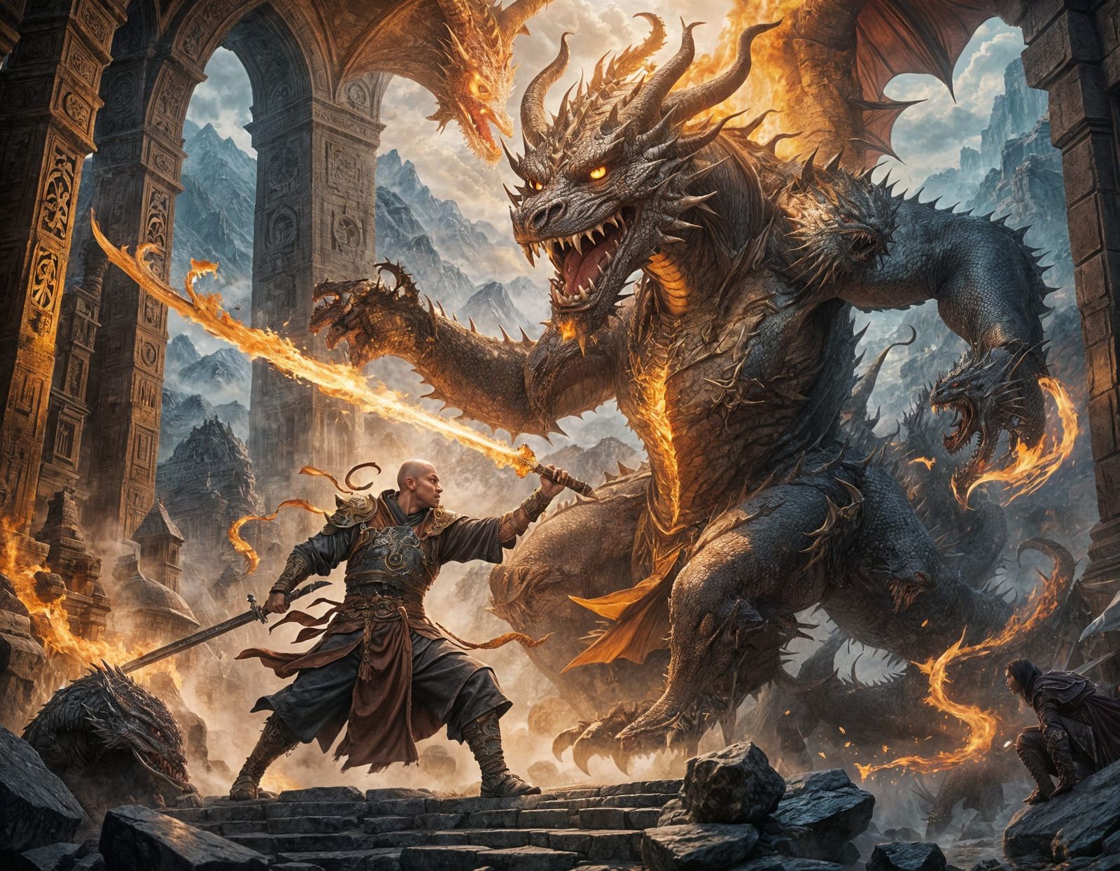 Warrior-monk against the dragon  by @MysterySteel