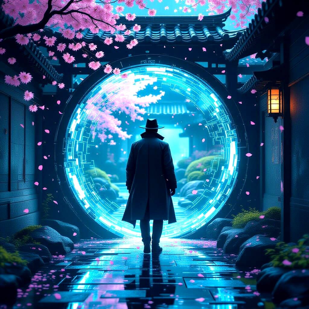 A futuristic cyberpunk detective stands in a dimly lit alleyway, emerging from a shimmering portal that leads to a tranquil, ancient Zen gar...