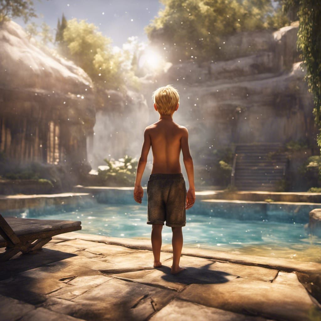 take a picture from behind Shirtless blond boy 12yo after shower for a