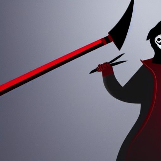 A male grim reaper with black hair and red eyes holding a sc...