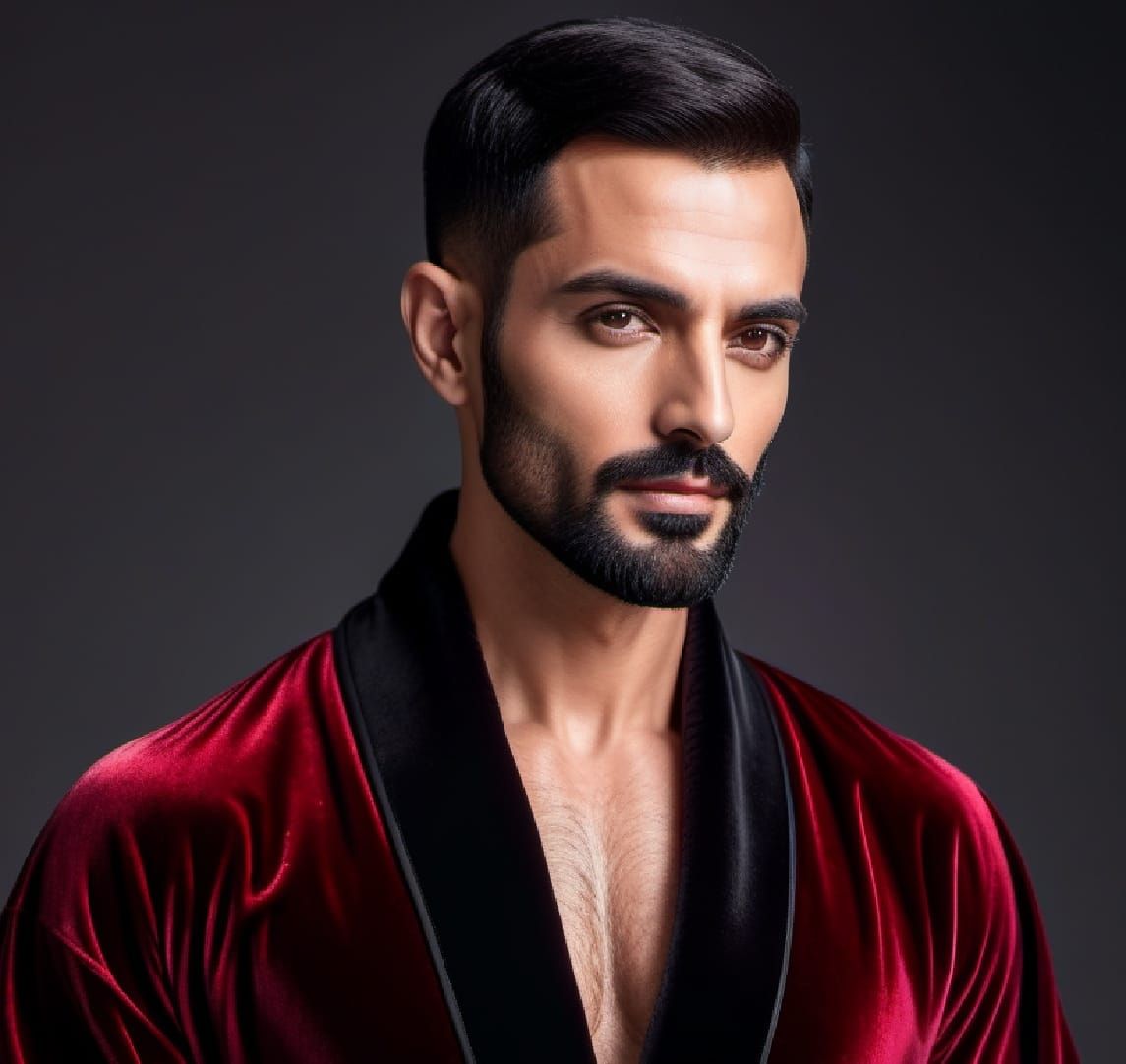 A handsome bearded man wearing a red  velvet bathrobe