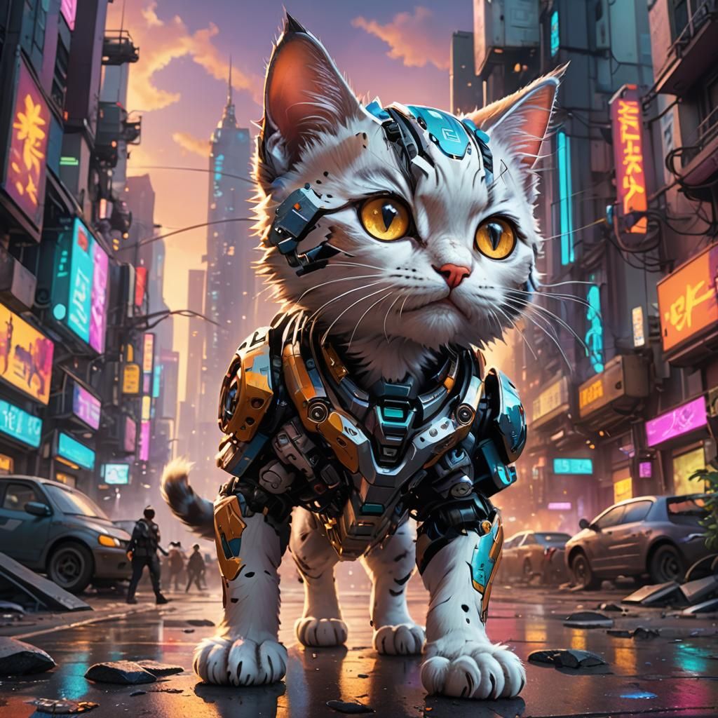 a cute sweet smiling (mecha kitten:1.3) lost in a big cyberp...
