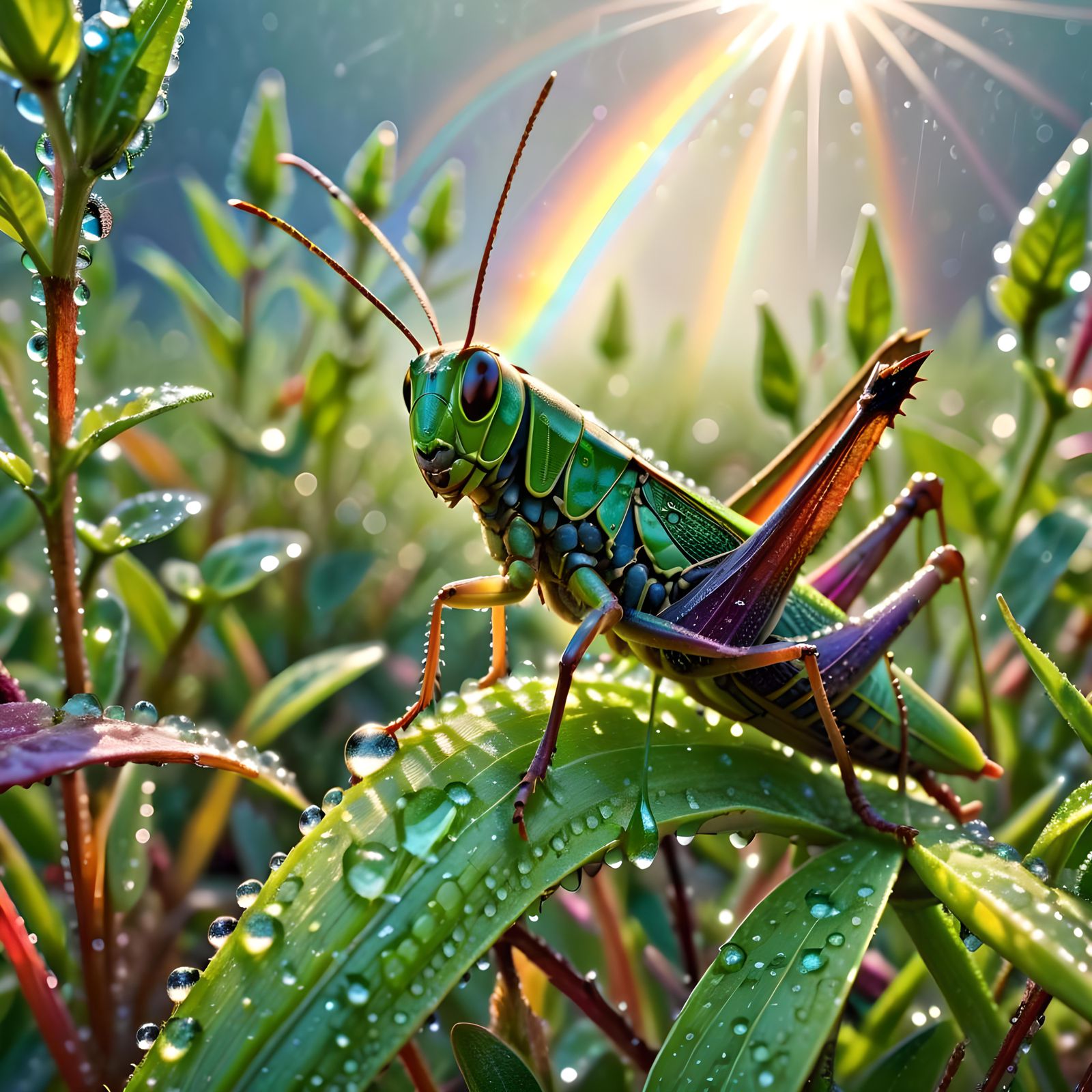 a grasshopper surrounded by dew kissed plants, hyperreal, magnificent sunlight, 16K resolution HDR DSLR, ...  by @Mallory Reese