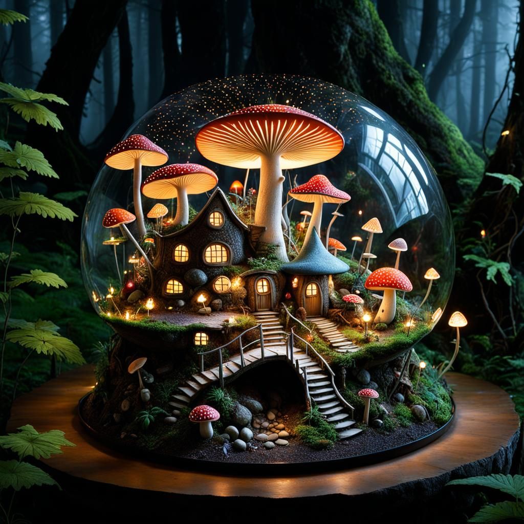 An (otherworldly:1.3) mushroom village in an enchanted forest, with sparkling streams, glowing fireflies, ...  by @kennywayne