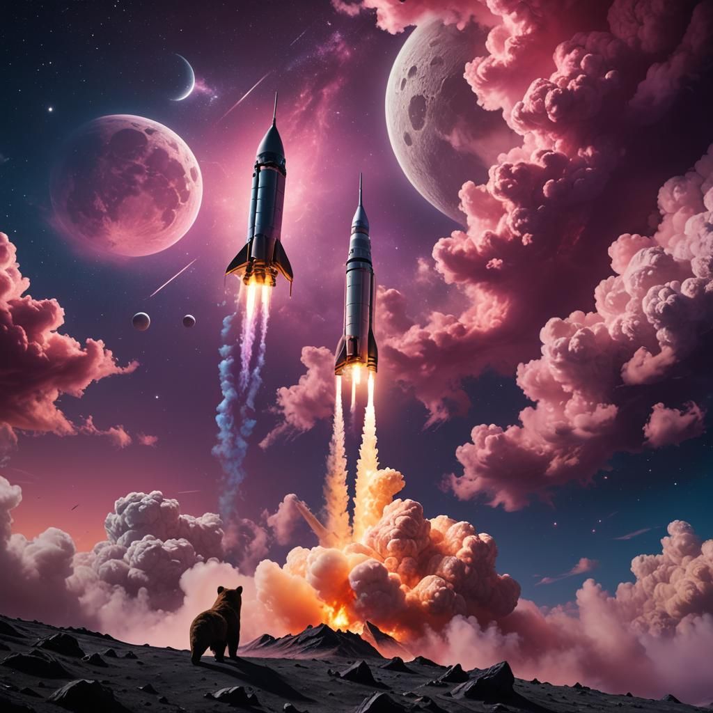 A drawing portrait of a rocket on the moon with a 2d bear in a pink fading to black background 