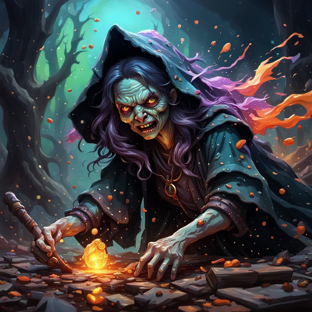 Hyperrealistic Witch's Demise in Splash Art Style