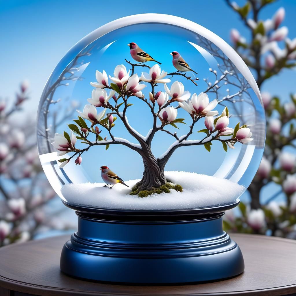 Finches on Magnolia Tree Snowglobe  by @Mulgar the Merciful 