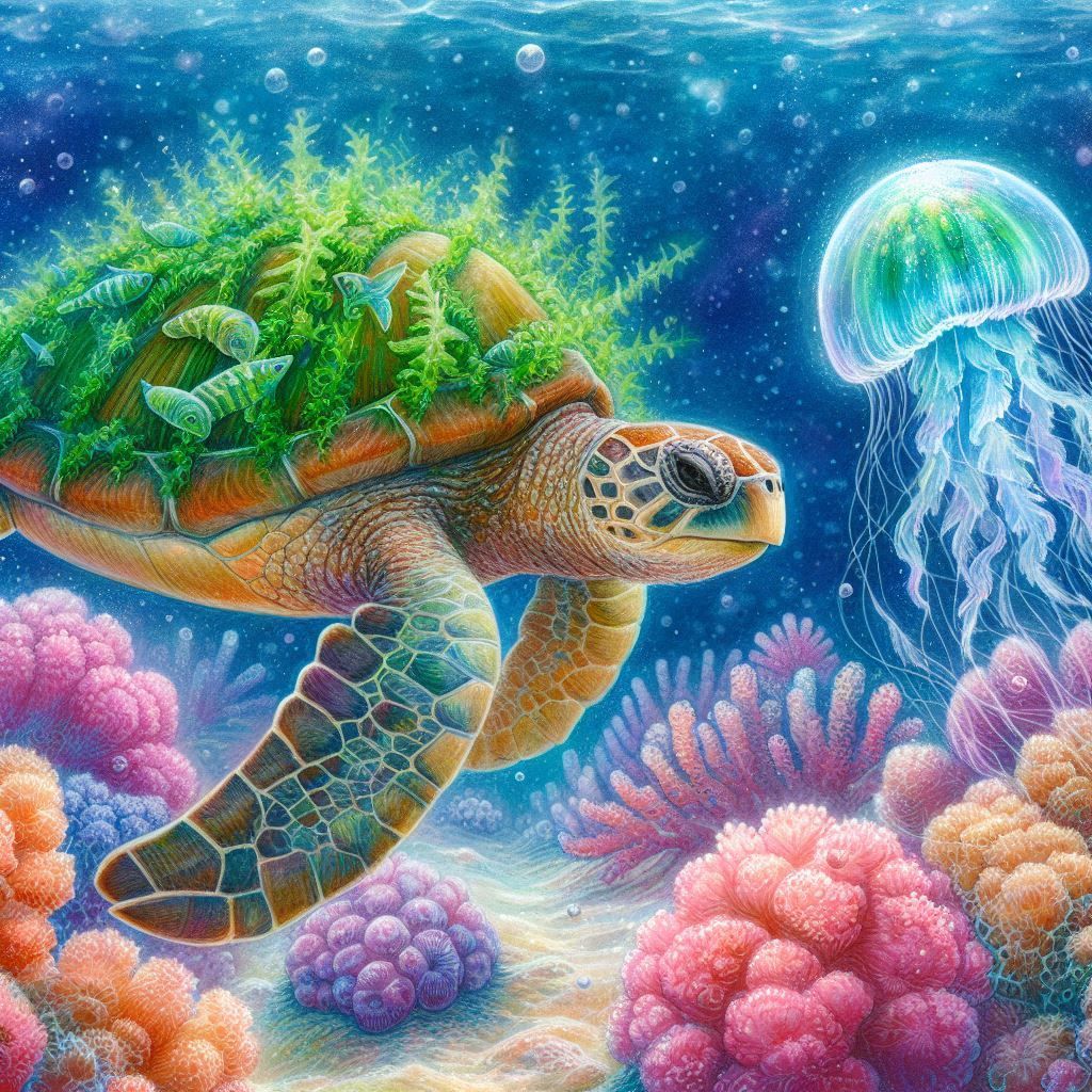 Sea turtle wearing a seaweed-covered shell