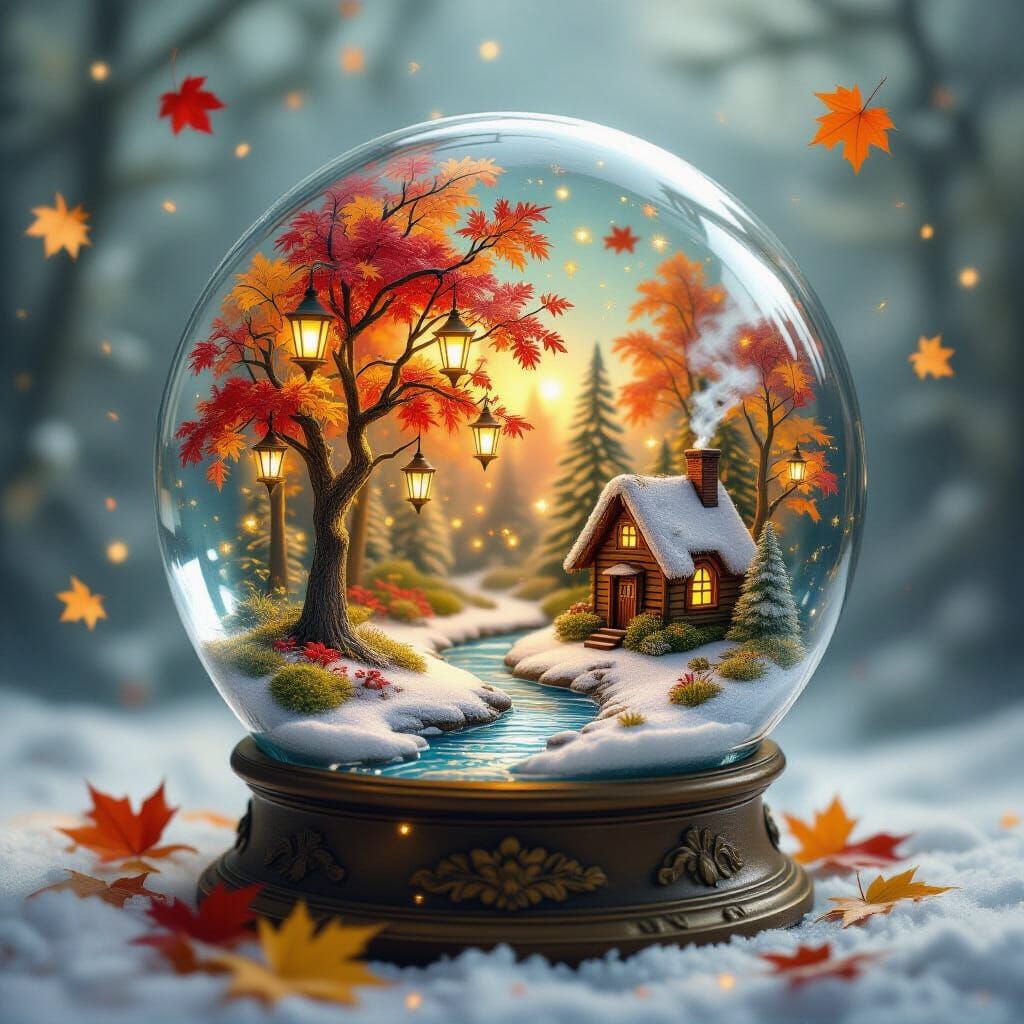 Within a cracked, antique snow globe, a miniature enchanted forest thrives. Tiny, glowing lanterns hang from branches of crimson and gold ma...