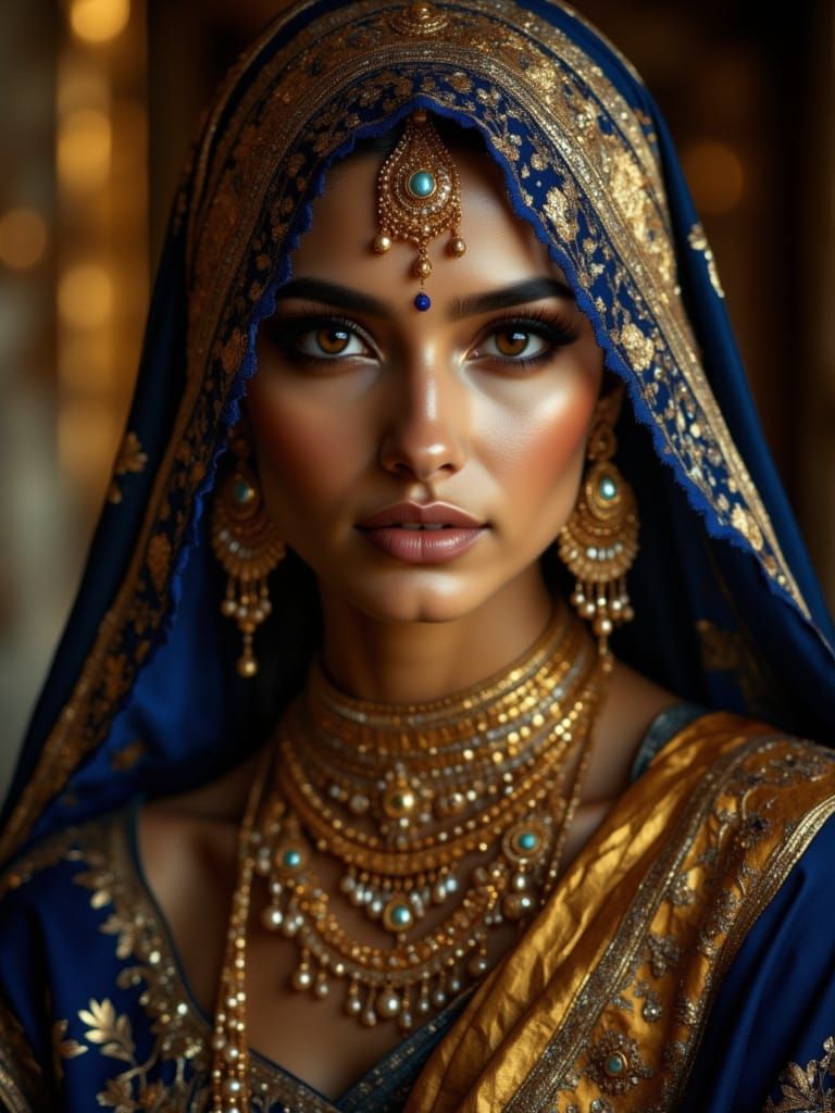 Elegant Indian Woman in Ornate Sari, Cinematic Portrait