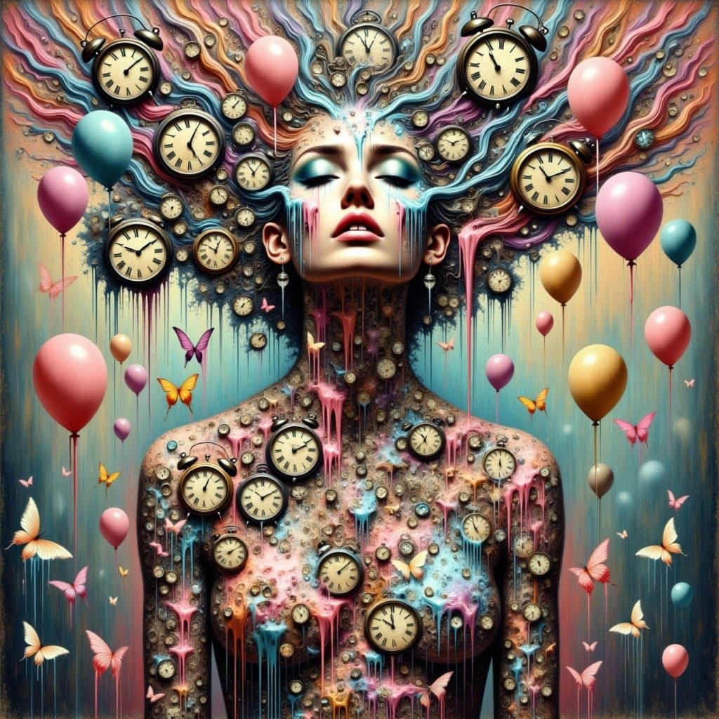 <lora:KakSurrealChaos:1.0>A surrealistic chaotic scene  of a woman, with her hair made entirely of water with colorful fishes with dripping...