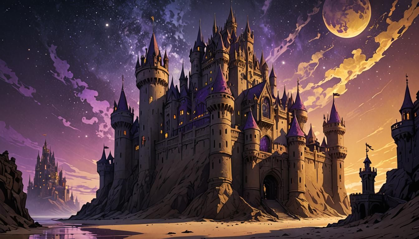 Sandcastle Camelot beach knights king Arthur sand night tide moat AI