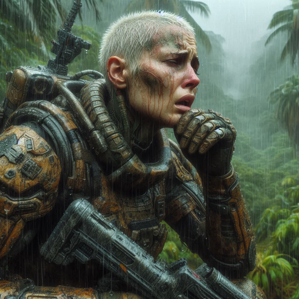 A female albinotic Space Marine on an endurance march on a j...