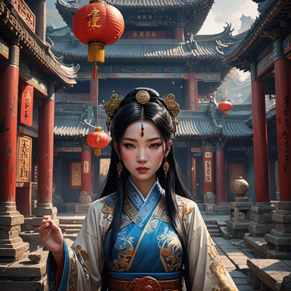 Draw me a  chinese girl with blue eyes, long black hair ,Anc...