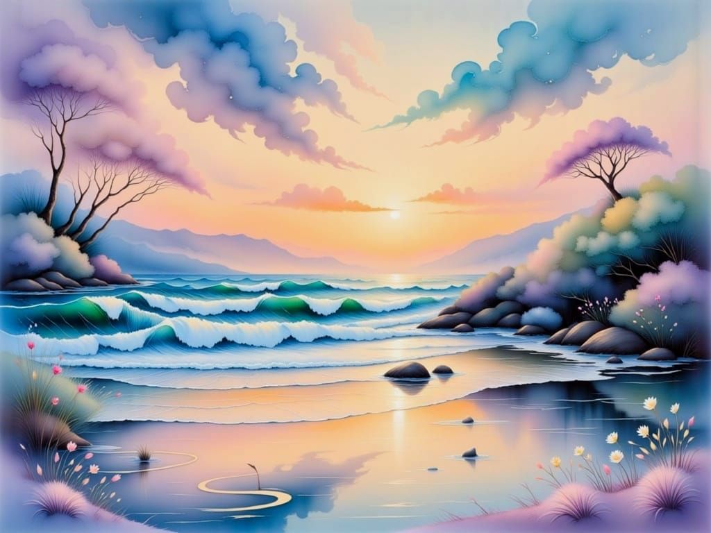 <lora:Etherealisim:1.0>Whispers of oceanic serenity in a vibrant, encaustic coastal dreamland, as envisioned by Anna Silivonchik's emotive b...