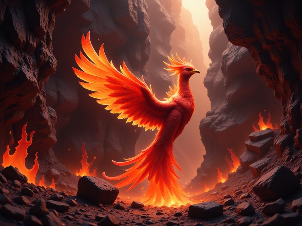 A magestic phoenix rises from the glowing embers left from magma in the depths of a deep ravine  , <lora:Dragon lair:1.0>