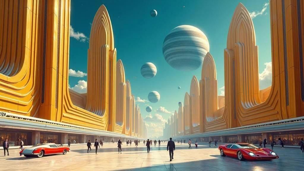 A retrofuturistic cityscape with Art Deco architecture.