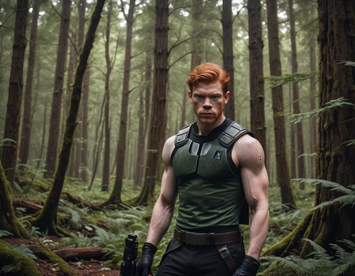 redhead man, ((cameron monaghan)), green eyes, lean muscular...