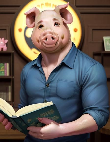 Mr Pig reading a book   by @Guille