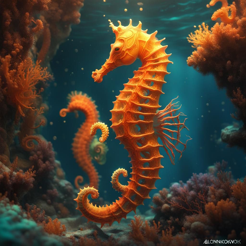luminescent seahorses under the sea.