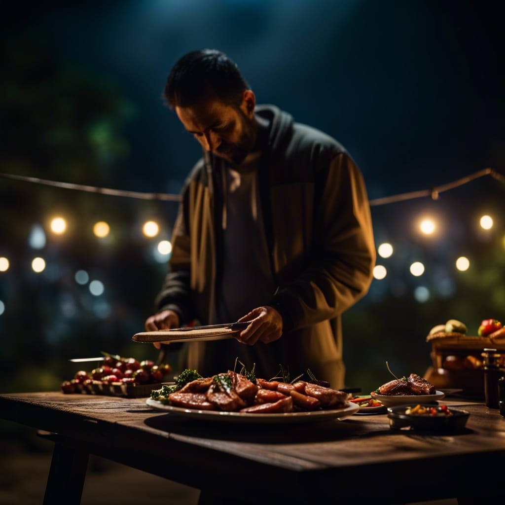 a man standing next to a table with food on it and a grill i...