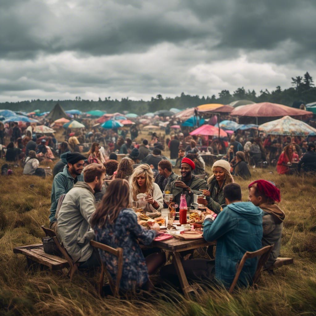 <lora:FreeRain:1.0> People having lunch, cloudy pretty sky.