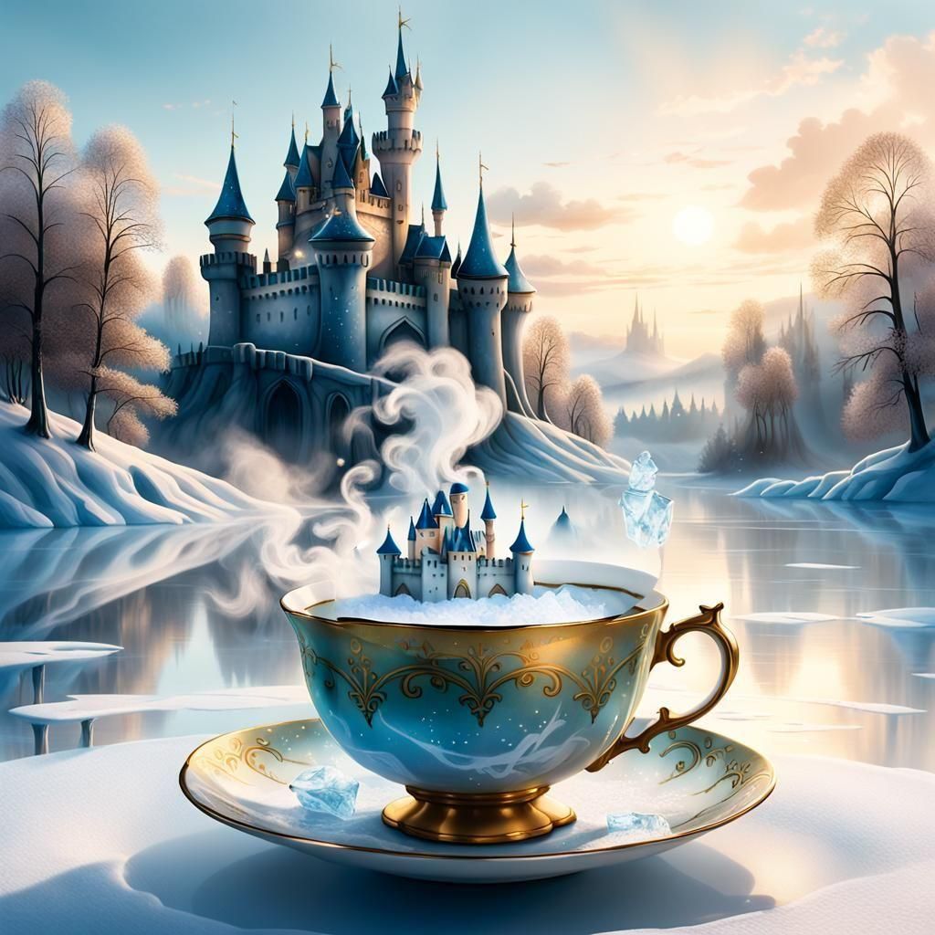 A vintage-style teacup with a landscape forming on its surfa...