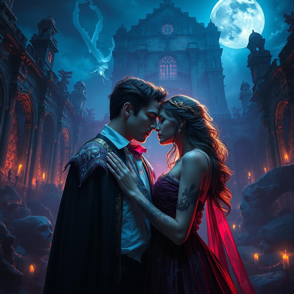 Romantic Vampire Couple in Moonlit Ruins