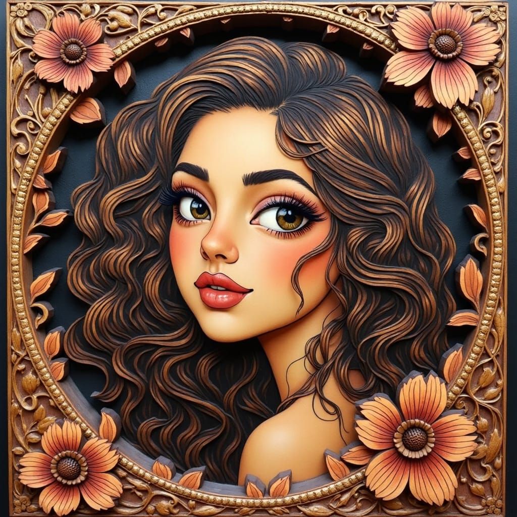 pyrography in carved frame, face of young woman with soft lush curly ...