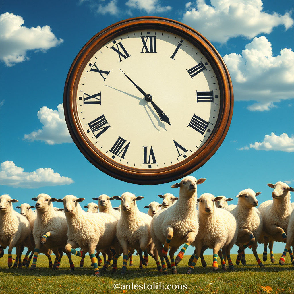 Sheep Conga Line with Clock, Surrealist Dreamscape