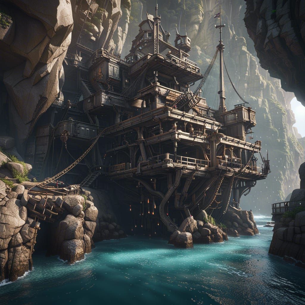 mysterious pirate hideout tucked away in a secluded cove. Portray rugged cliffs, hidden caves, pirate ...  by @Efsta