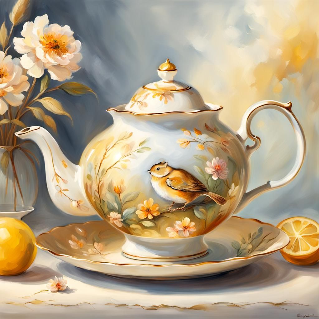 Charming Teapot Still Life in Beatrix Potter Style
