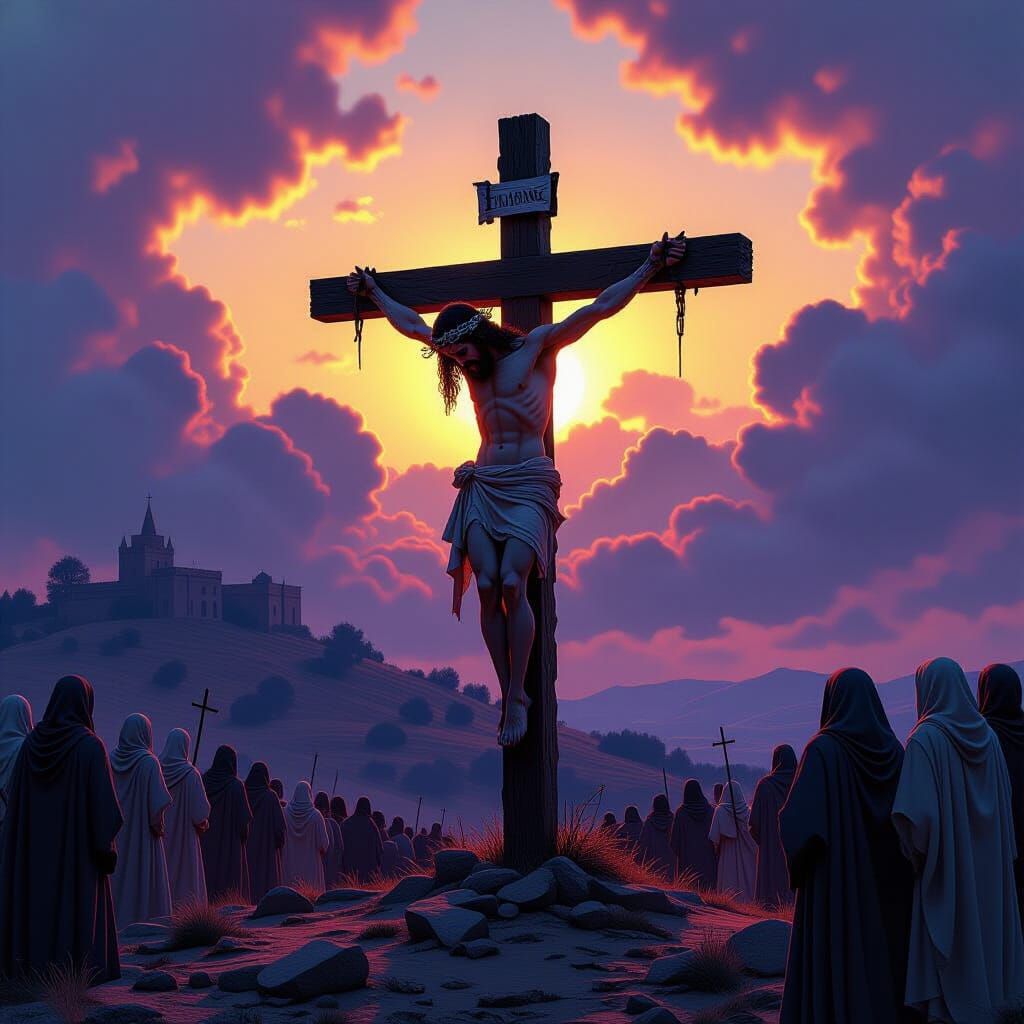 A man on a cross on a hill .the  man he’s dying. very dim light clouds covering the sky & A crowd is watching And jeerin...