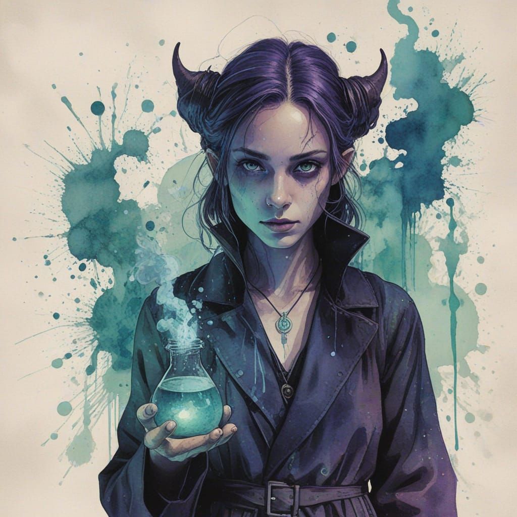 Aetheric Chemist

Style: A dark, ethereal mixed-media fantasy illustration with sharp, realistic linework for the subject and swirling water...