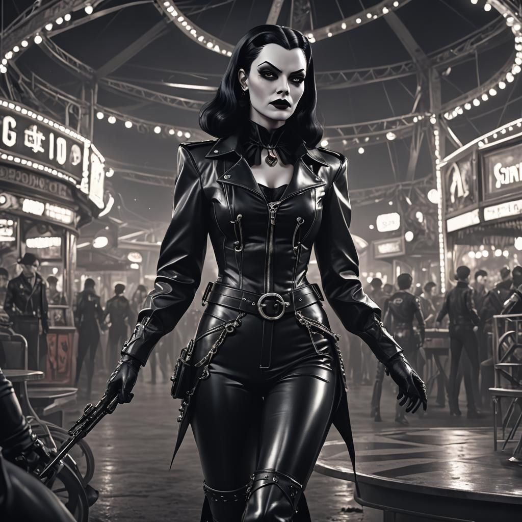 Vampira dressed in Gothic leather in the fairground of the film Plan 9 From Outer Space.