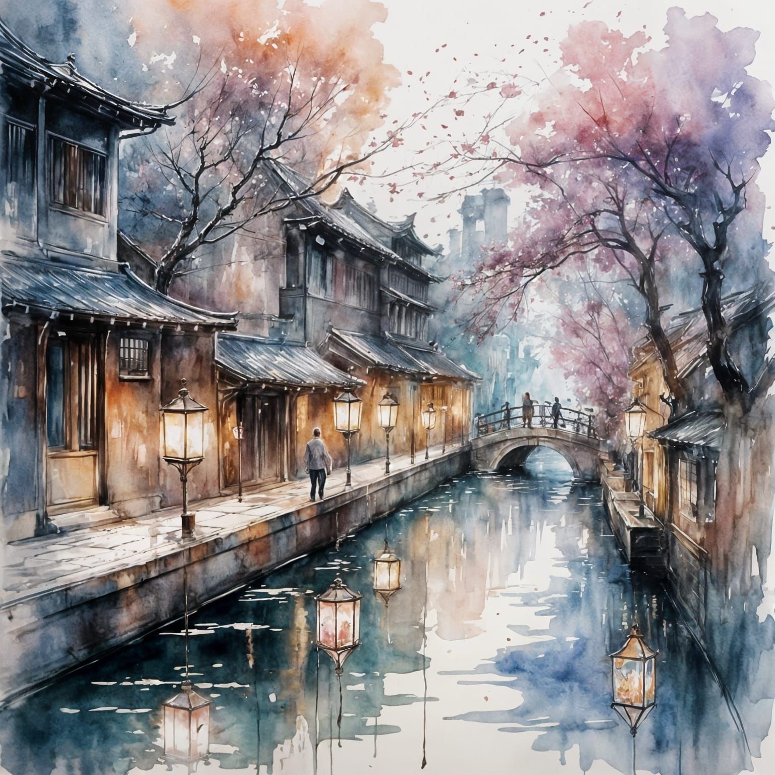 Lilac Blossom Canal Scene with Moonlight Lanterns