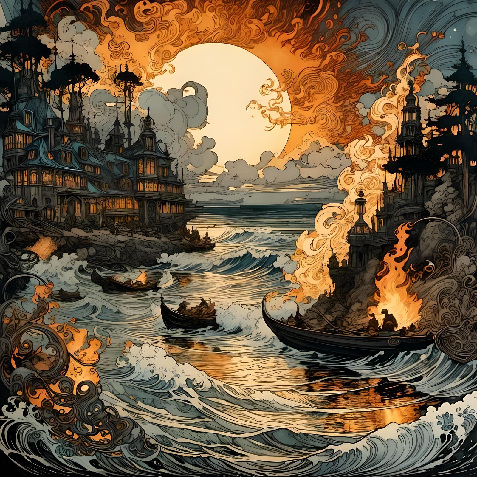 Epic Hyperdetailed maximalist <lora:Curlicue Cloudscapes:1.0> art nouveau flames of a smoky beach campfire,   sharp focus,  clean lines, art...