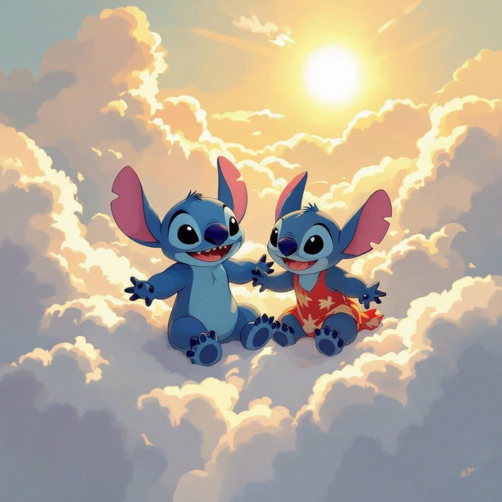 Stitch and Lilo Float in Impressionistic Dreamscape