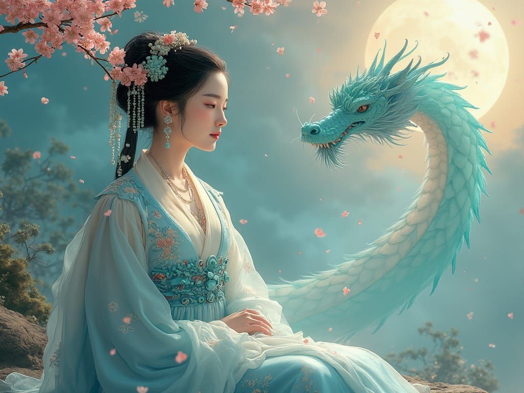 Han dynasty beautiful concubine in gentle  blue tones bathed in soft moonlight with celestial dragon ...  by @Sumikokeel