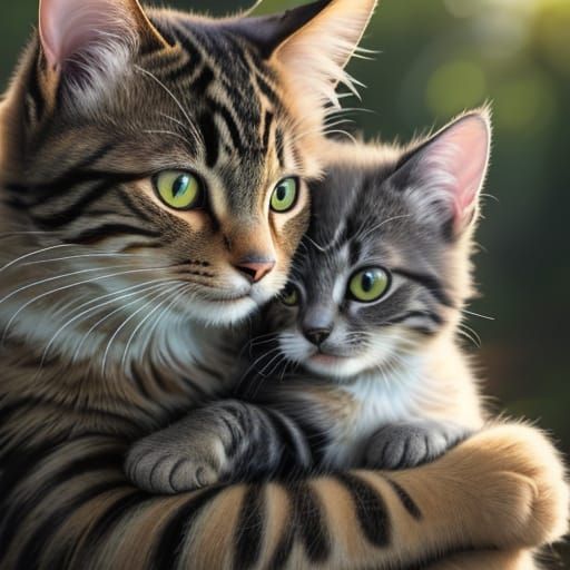 Cat and Kitten Hugging: Photorealistic Portrait