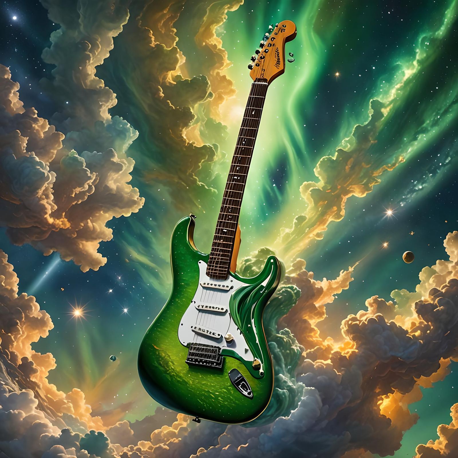 A Green Fender Stratocaster Guitar Floating In Space  by @Happy Jack