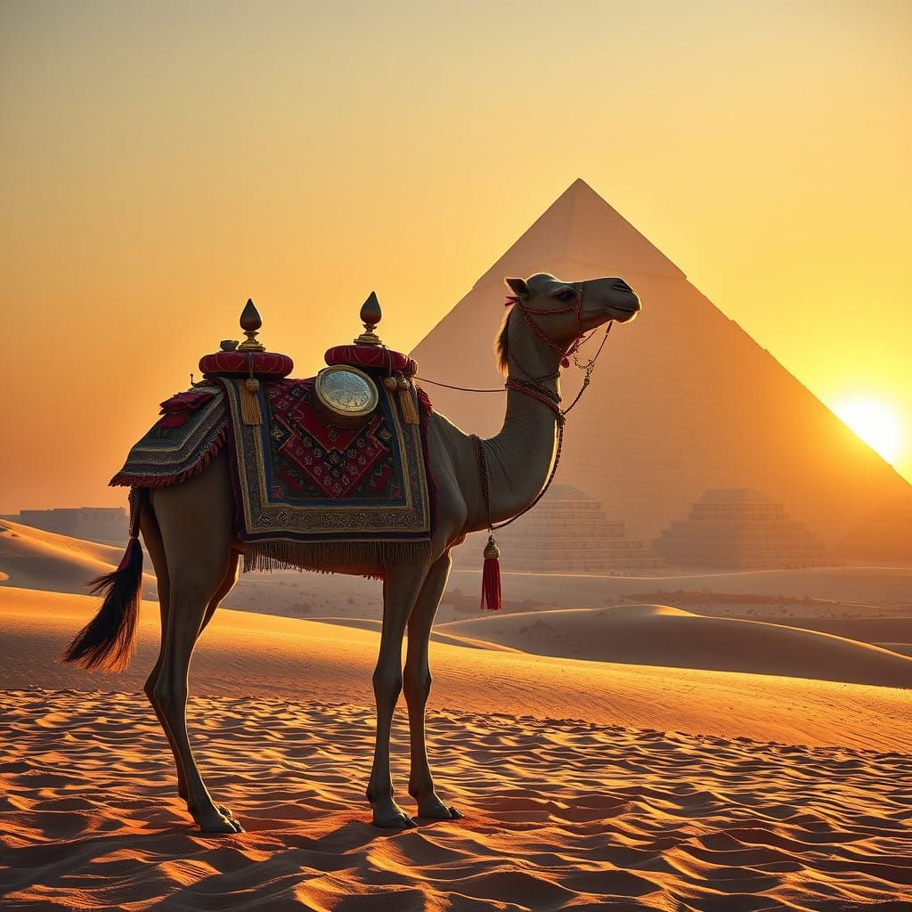 Regal Camel Amidst Pyramids of Giza in Golden Desert Sunset