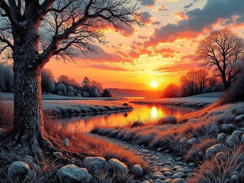 <lora:HRH-moody-inks v2:1.0> Sunset mythic landscape style of holly hobbie, moody ink, hyper detailed , grunge