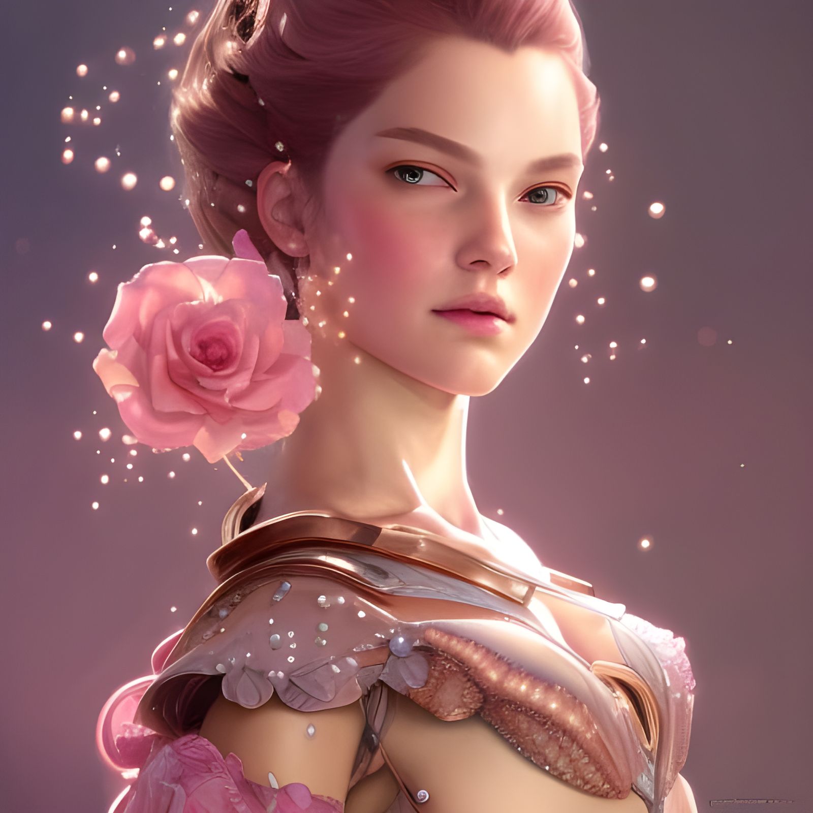 Fairy Princess wearing rose gold armor with pink pearls