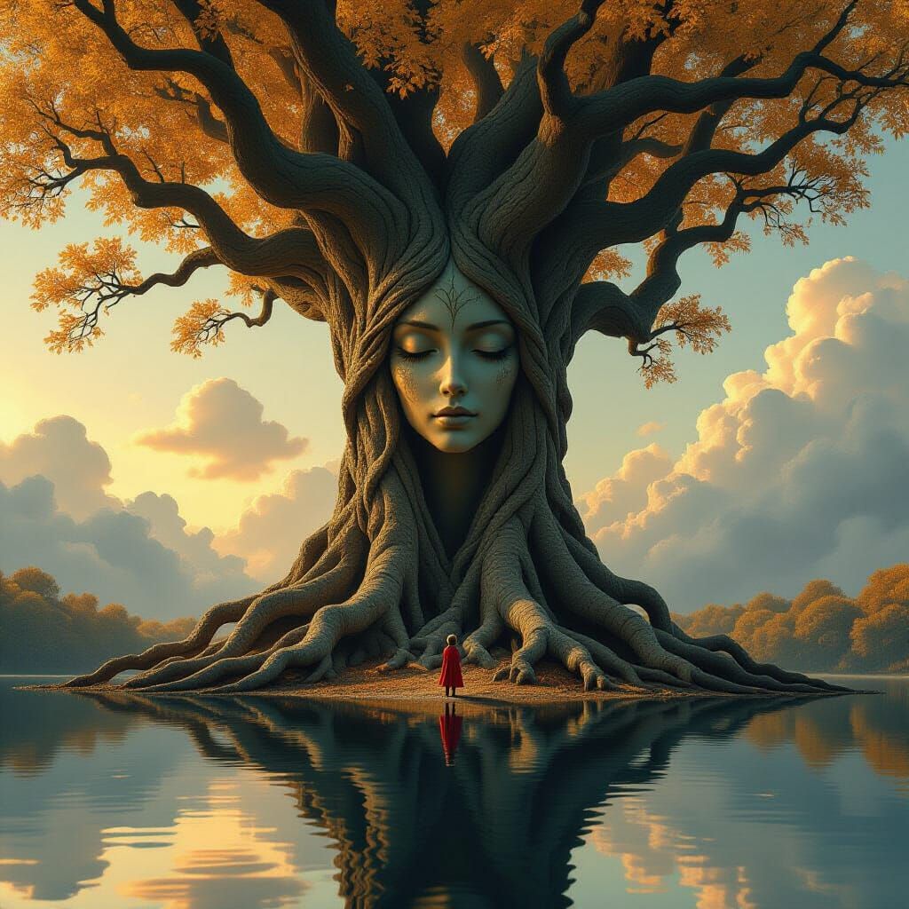A surreal fantasy artwork depicting a giant, ancient tree whose twisted roots and branches form the elegant face of a woman. Her expression ...