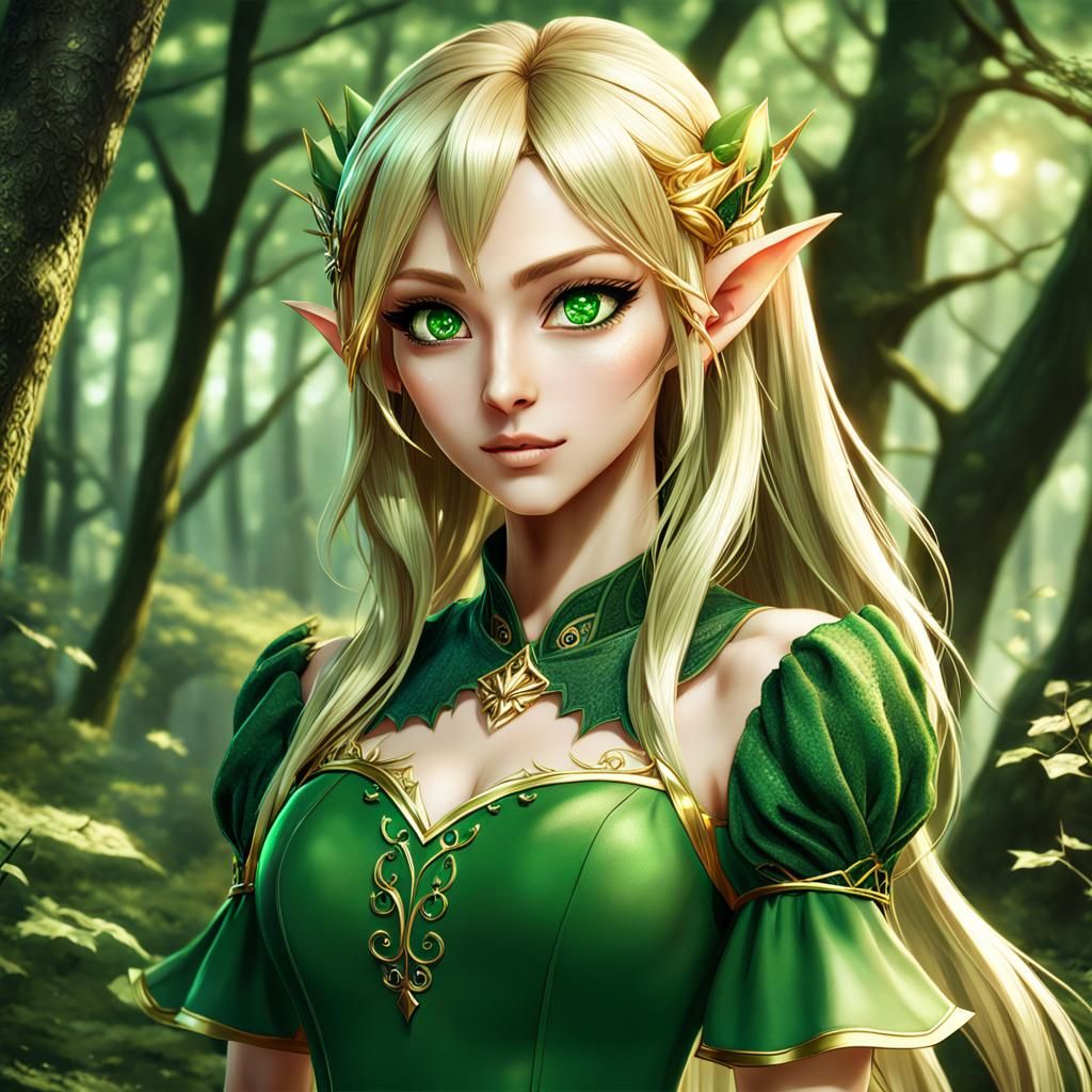 anime girl with green eyes and a green dress, she has elf ears and gold ...