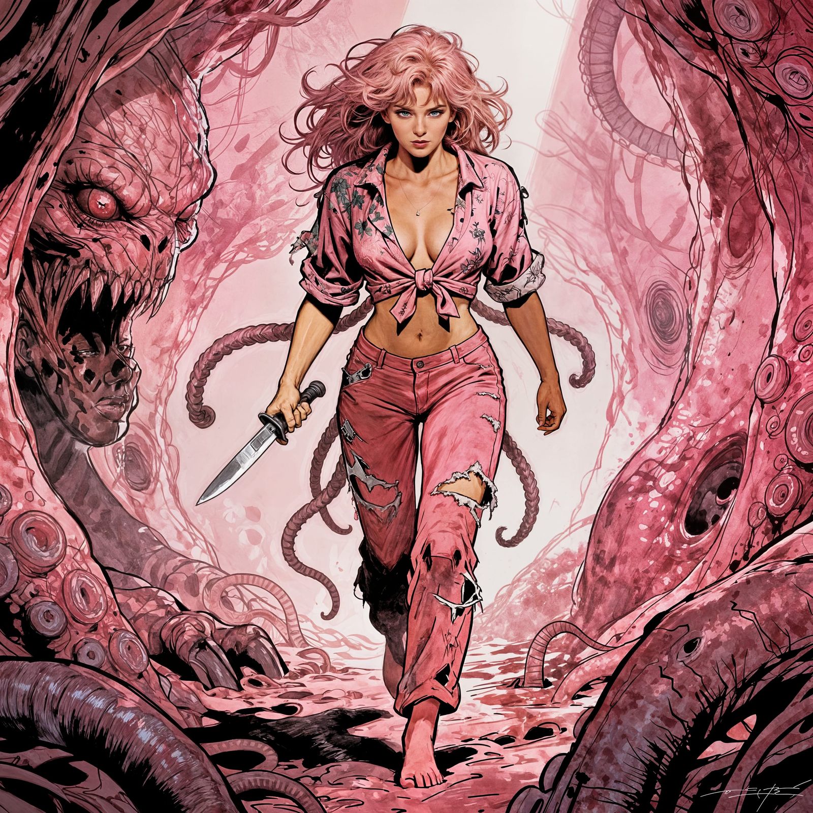 Sensual Comic Illustration of Woman in Monster's Interior