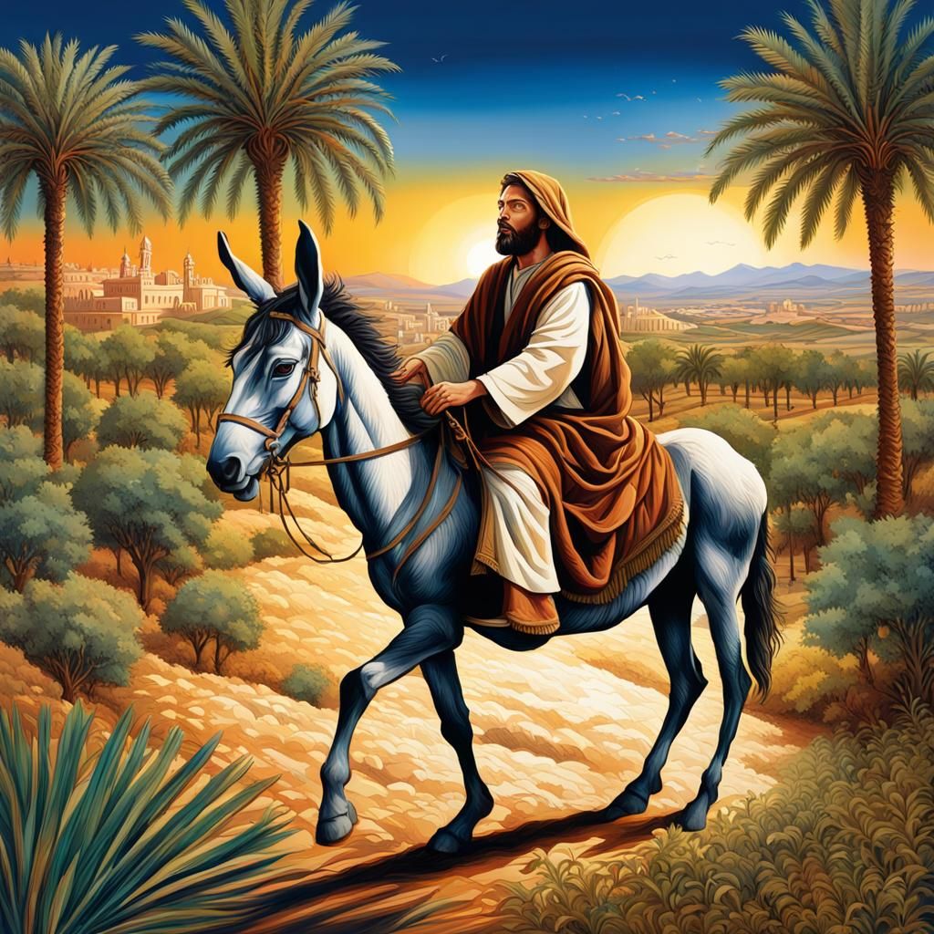 Jesus riding on a donkey - AI Generated Artwork - NightCafe Creator