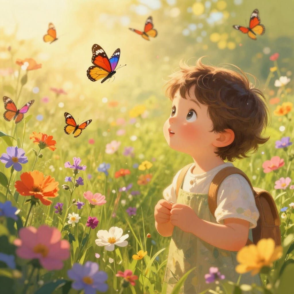 Child's Wonder: Butterflies in a Sunlit Meadow