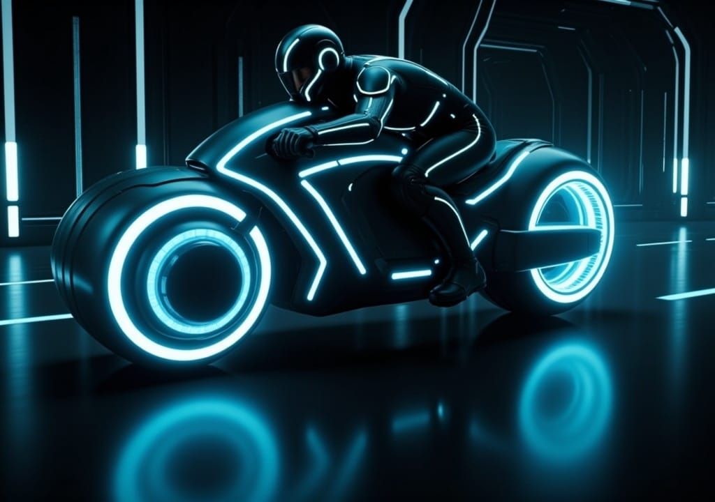 Rider on a Tron Legacy lightcycle from 2010 Tron Legacy movie <lora:Tron Legacy bike:1.0> 